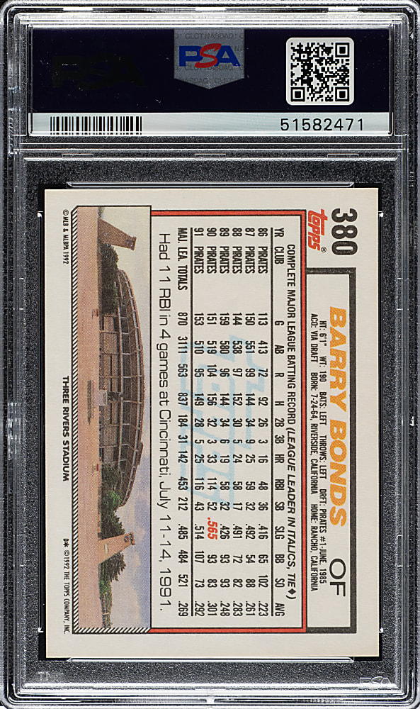 1992 Topps #380 Barry Bonds PSA GEM MINT 10