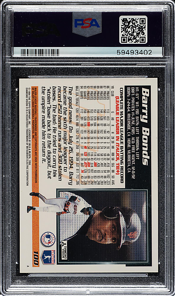 1995 Topps #100 Barry Bonds PSA GEM MINT 10