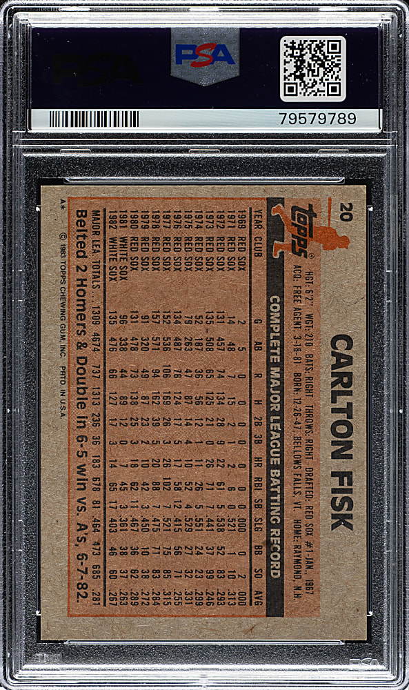 1983 Topps #20 Carlton Fisk PSA GEM MINT 10