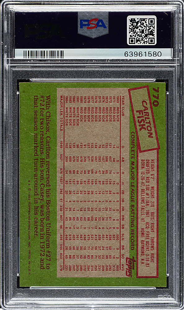 1985 Topps #770 Carlton Fisk PSA GEM MINT 10