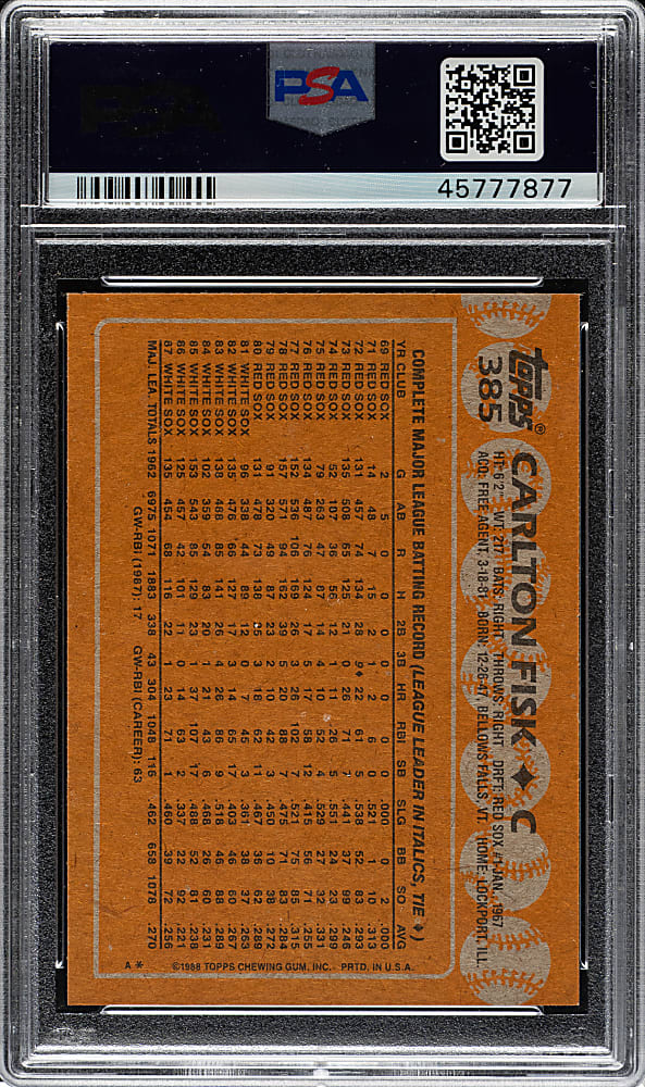 1988 Topps #385 Carlton Fisk PSA GEM MINT 10
