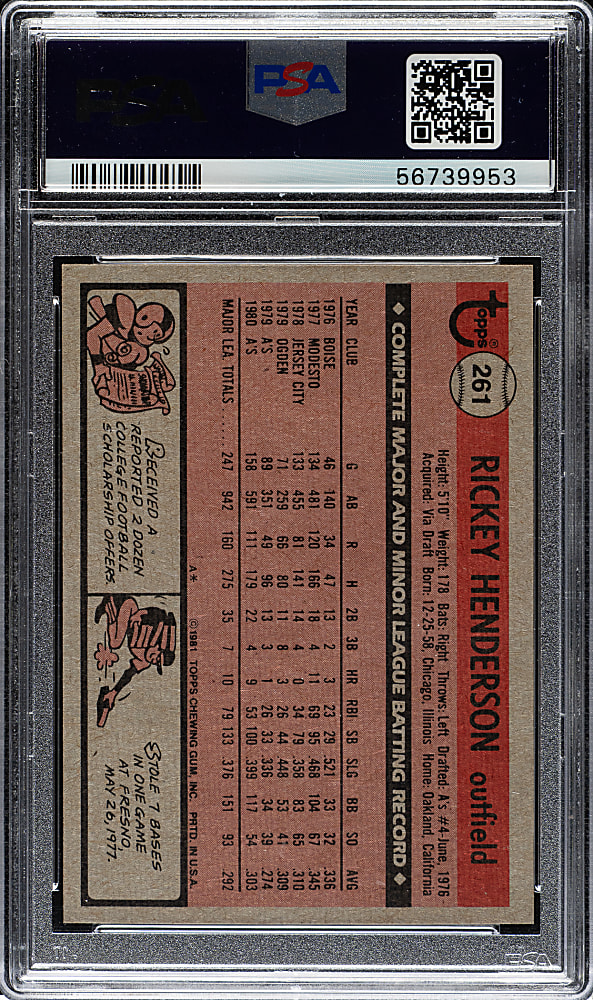 1981 Topps #261 Rickey Henderson PSA MINT 9