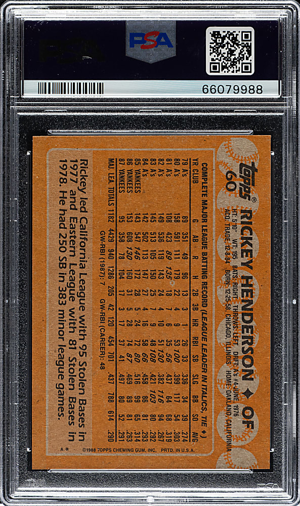 1988 Topps #60 Rickey Henderson PSA GEM MINT 10