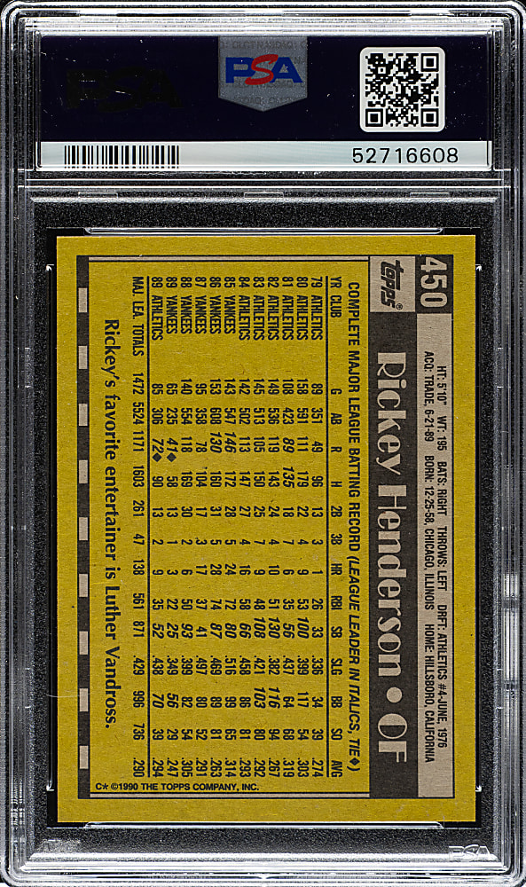 1990 Topps #450 Rickey Henderson PSA GEM MINT 10