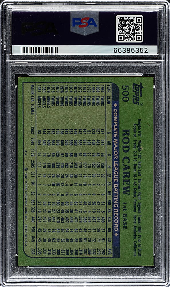 1982 Topps #500 Rod Carew PSA GEM MINT 10
