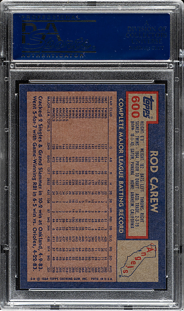 1984 Topps #600 Rod Carew PSA GEM MINT 10