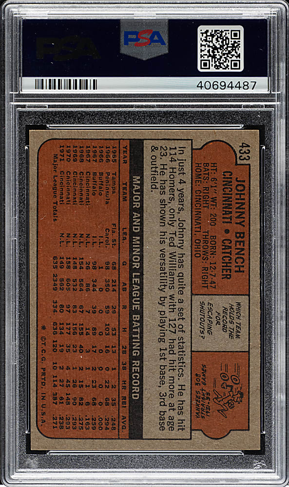 1972 Topps #433 Johnny Bench PSA NM-MT 8