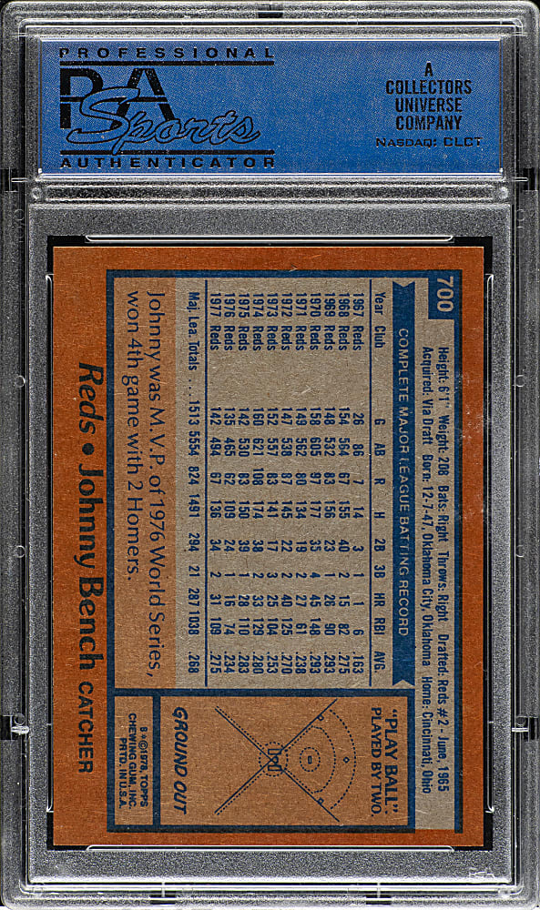 1978 Topps #700 Johnny Bench PSA MINT 9