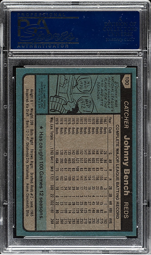 1980 Topps #100 Johnny Bench PSA MINT 9