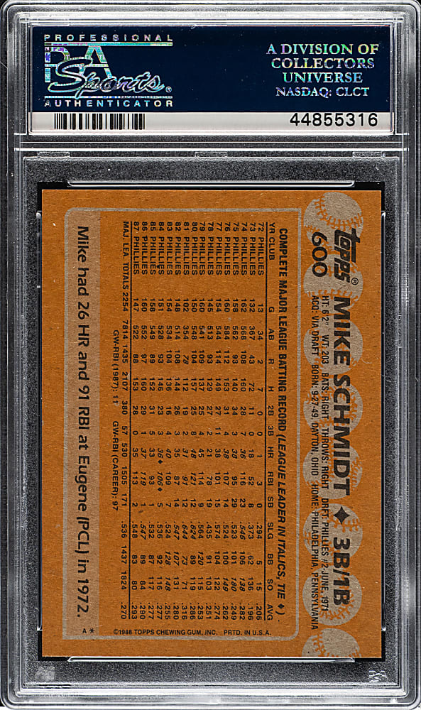 1988 Topps #600 Mike Schmidt PSA GEM MINT 10