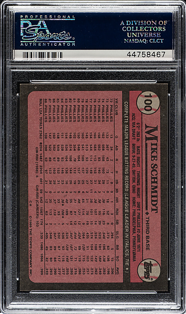 1989 Topps #100 Mike Schmidt PSA GEM MINT 10