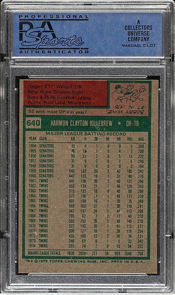 1975 Topps #640 Harmon Killebrew PSA MINT 9