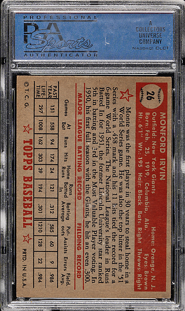 1952 Topps #26 Monte Irvin PSA NM 7