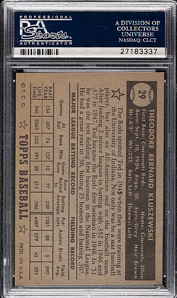 1952 Topps #29 Ted Kluszewski Black Back PSA NM 7