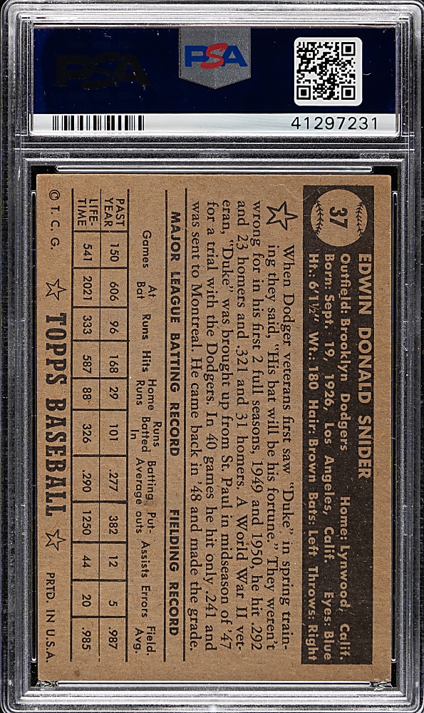 1952 Topps #37 Duke Snider Black Back PSA EX-MT 6