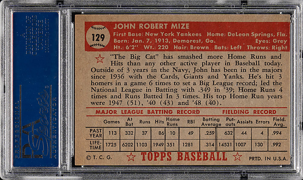 1952 Topps #129 Johnny Mize PSA NM 7