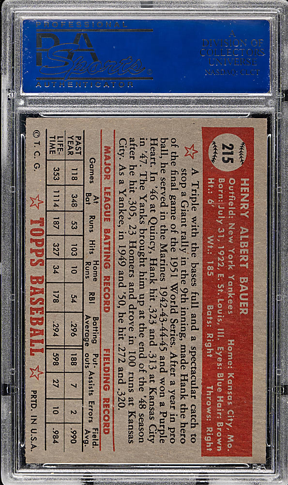 1952 Topps #215 Hank Bauer PSA NM-MT 8