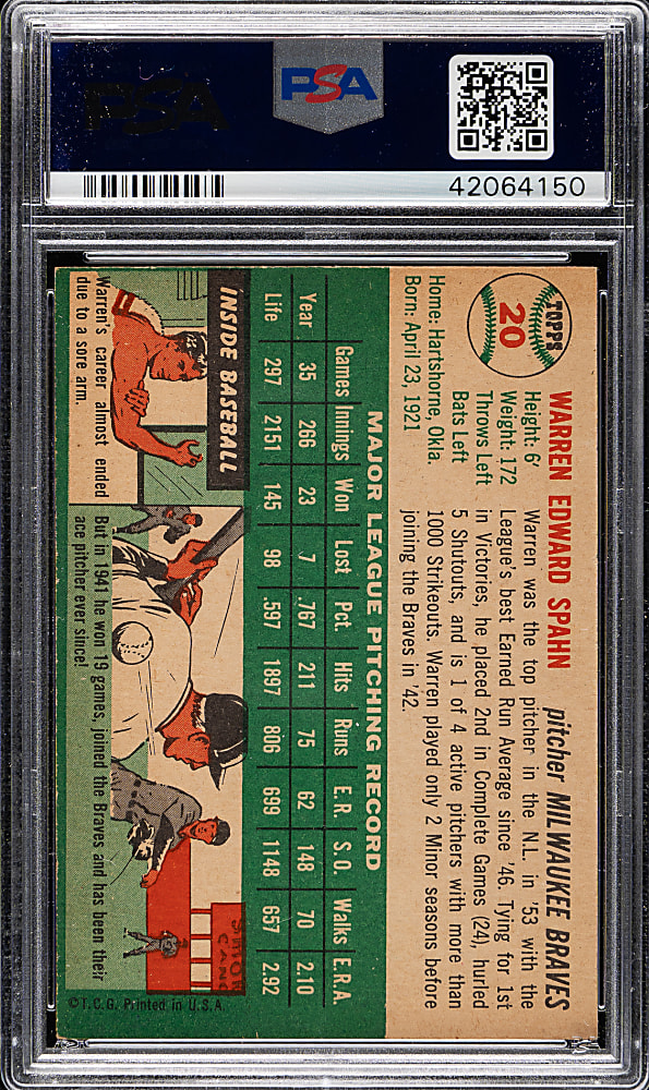 1954 Topps #20 Warren Spahn PSA NM 7