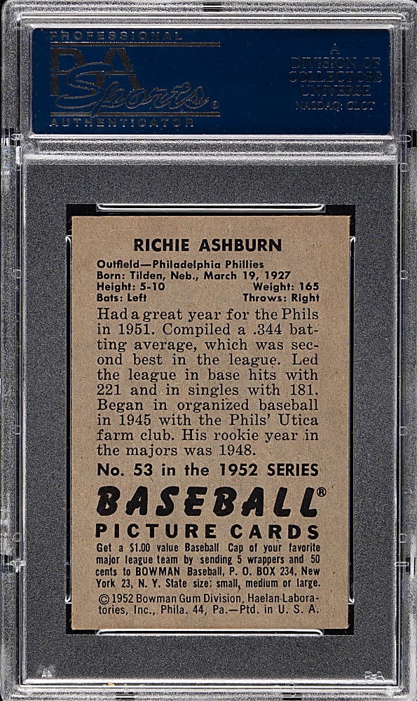 1952 Bowman #53 Richie Ashburn PSA NM-MT 8