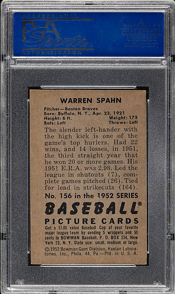 1952 Bowman #156 Warren Spahn PSA NM 7