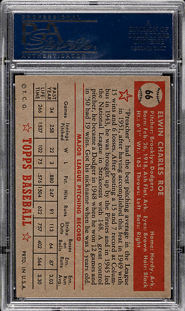 1952 Topps #66 Preacher Roe PSA NM 7