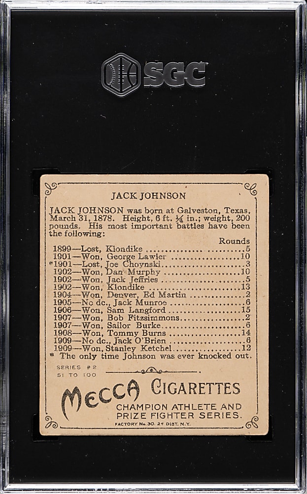 Circa 1910 T218 Hassan "Champion Athletes and Prize Fighters" Jack Johnson Front View SGC EX 5