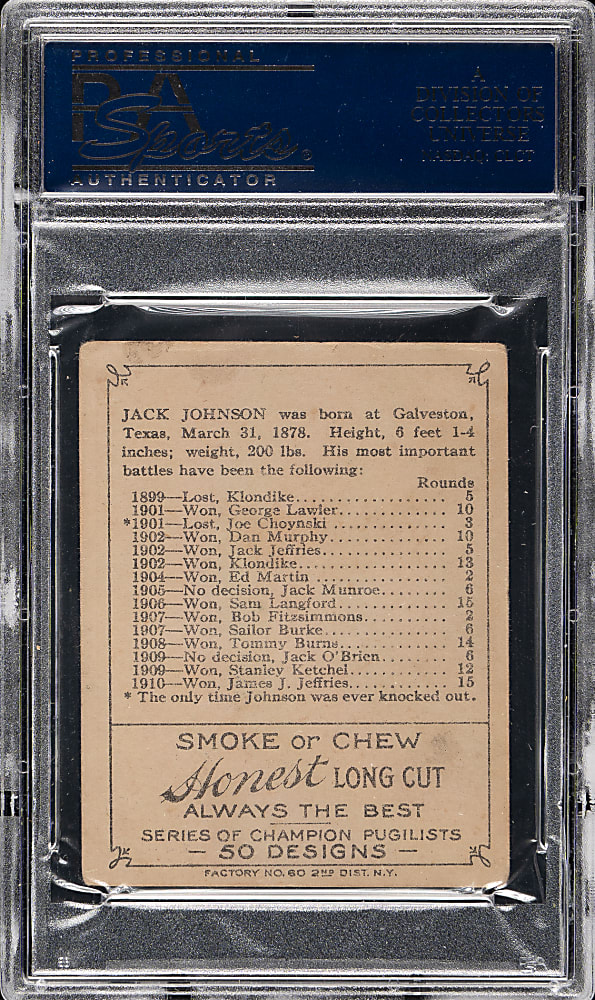 1910 T219 Champion Pugilists Jack Johnson Front View PSA GOOD+ 2.5