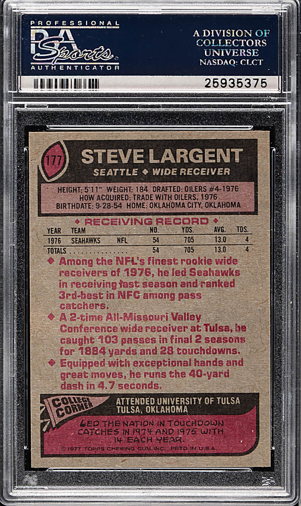 1977 Topps Football #177 Steve Largent Rookie PSA MINT 9
