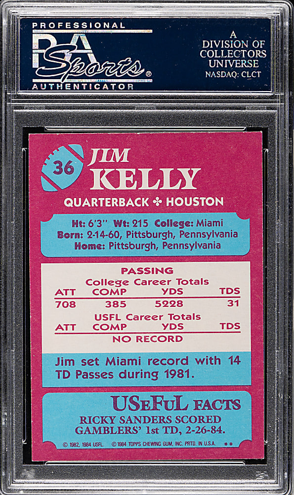 1984 Topps USFL Football #36 Jim Kelly Rookie PSA MINT 9