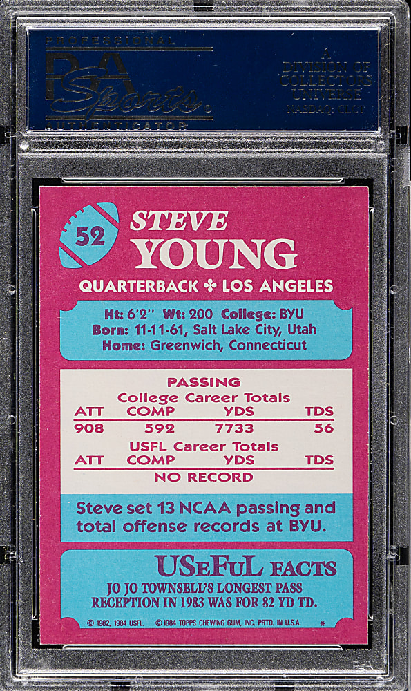 1984 Topps USFL Football #52 Steve Young Rookie PSA MINT 9