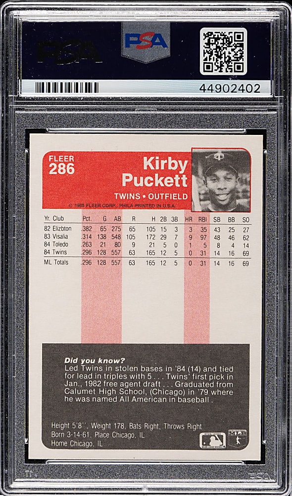 1985 Fleer #286 Kirby Puckett Rookie PSA GEM MINT 10