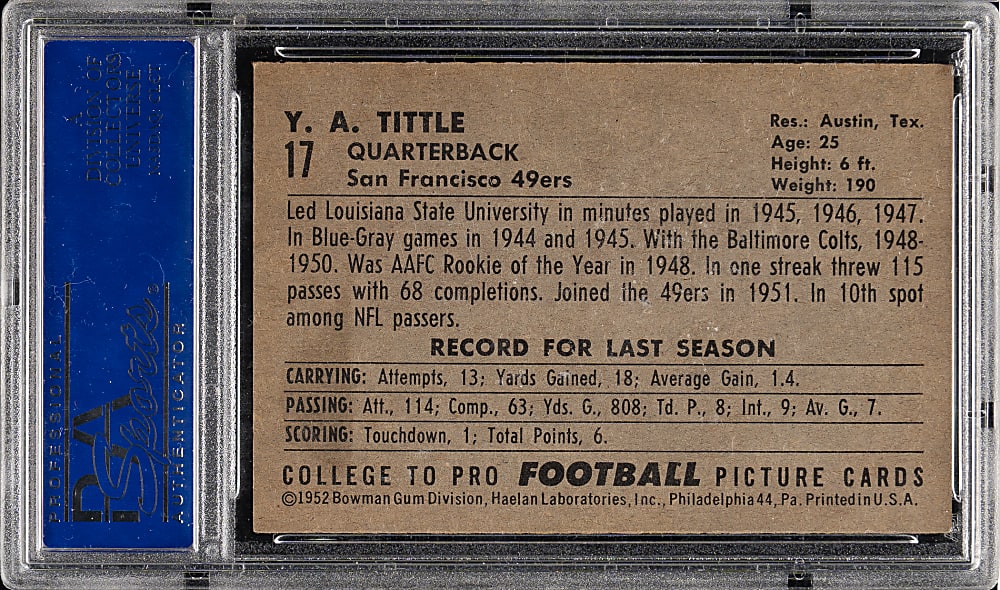 1952 Bowman Large Football #17 Y.A. Tittle PSA NM 7
