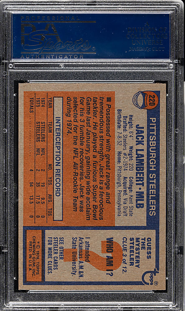 1976 Topps Football #220 Jack Lambert Rookie PSA MINT 9