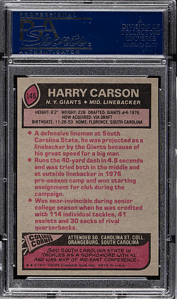 1977 Topps Football #146 Harry Carson Rookie PSA MINT 9