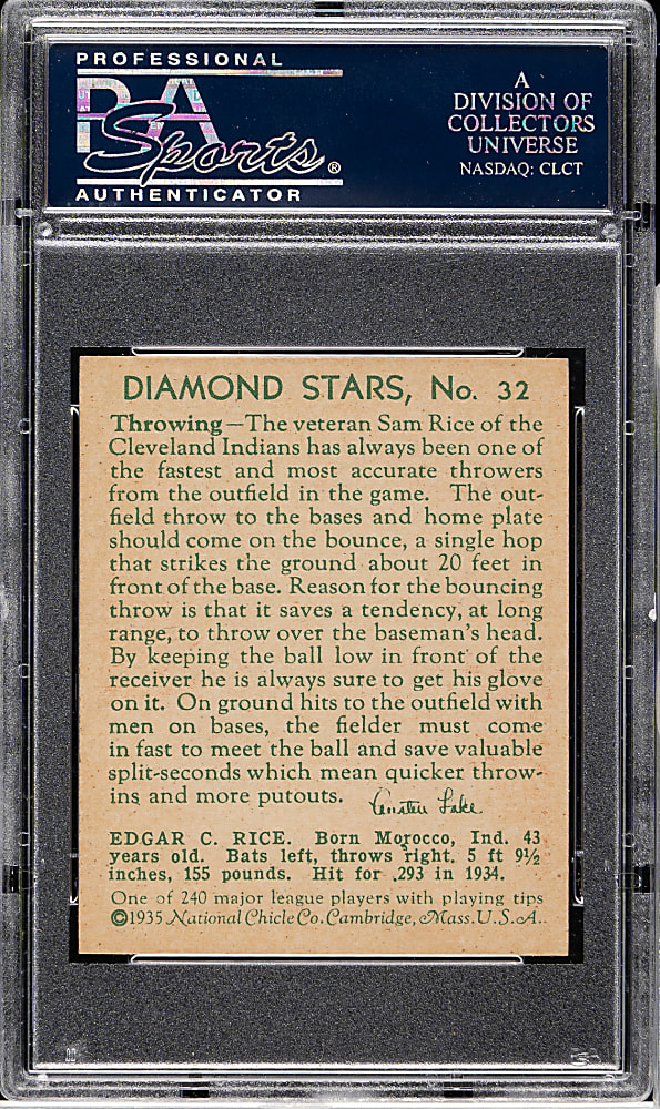 1934-1936 R327 Diamond Stars #32 Sam Rice PSA NM-MT 8