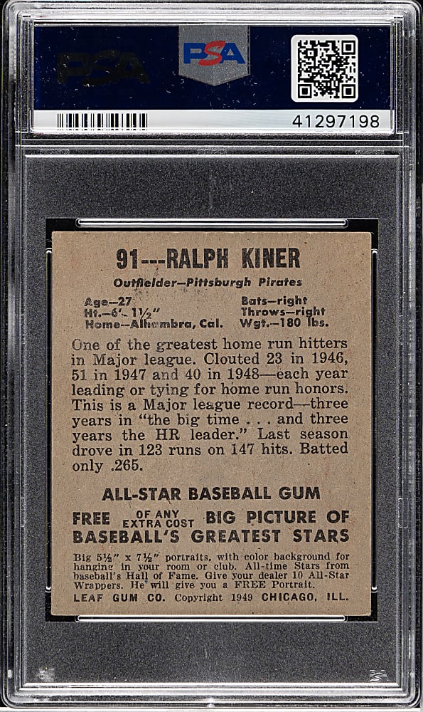 1948-1949 Leaf #91 Ralph Kiner Rookie PSA EX-MT 6