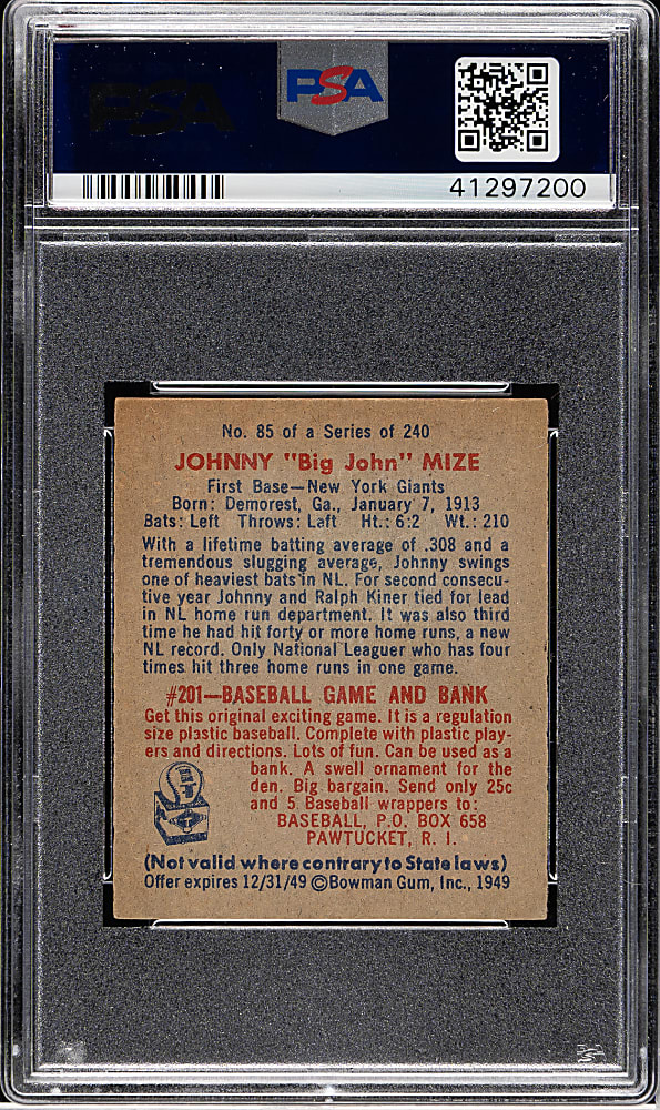 1949 Bowman #85 Johnny Mize No Name on Front PSA NM-MT 8