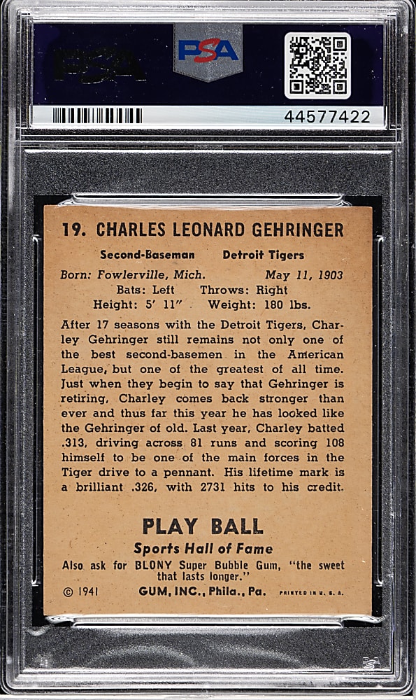 1941 R336 Play Ball #19 Charley Gehringer PSA NM 7