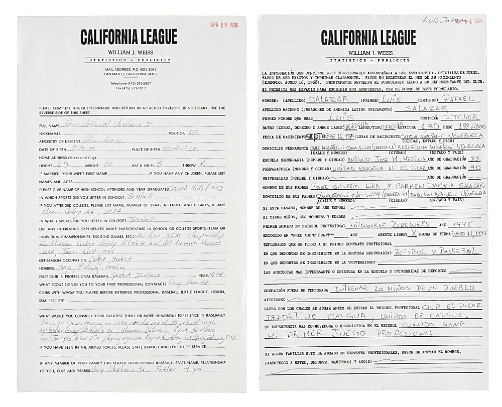 1959 to 1996 Minor League Publicity Questionnaire Collection (30)