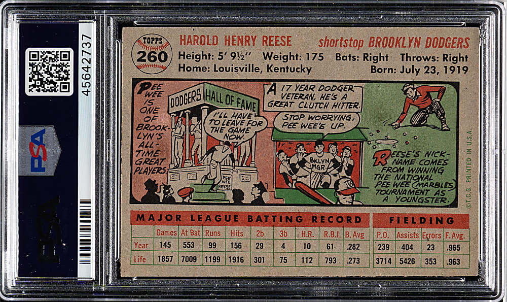 1956 Topps #260 Pee Wee Reese PSA NM 7