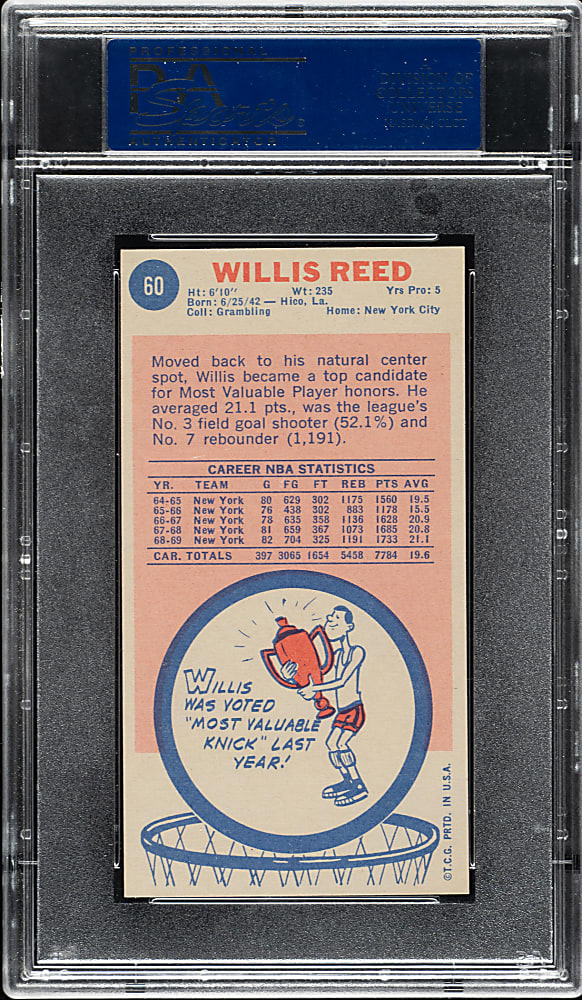1969-1970 Topps Basketball #60 Willis Reed Rookie PSA NM-MT 8
