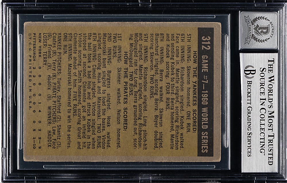Signed 1961 Topps #312 World Series Game 7 Bill Mazeroski Beckett GEM MINT 10