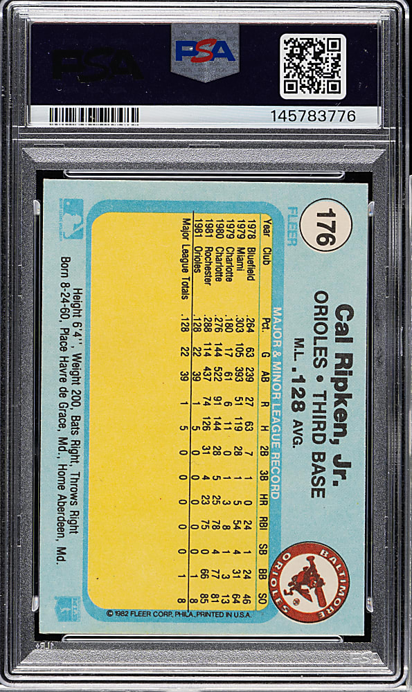 Signed 1982 Fleer #176 Cal Ripken Jr. Rookie PSA NM-MT 8 with MINT 9 Signature