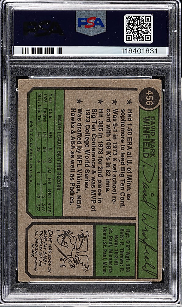 Signed 1974 Topps #456 Dave Winfield Rookie - PSA/DNA
