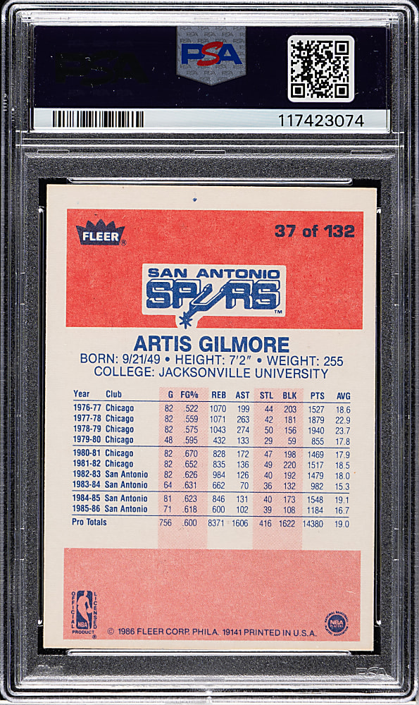 Signed 1986-1987 Fleer Basketball #37 Artis Gilmore PSA/DNA GEM MINT 10