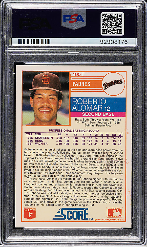 Signed 1988 Score Traded #105T Roberto Alomar Rookie PSA/DNA GEM MINT 10