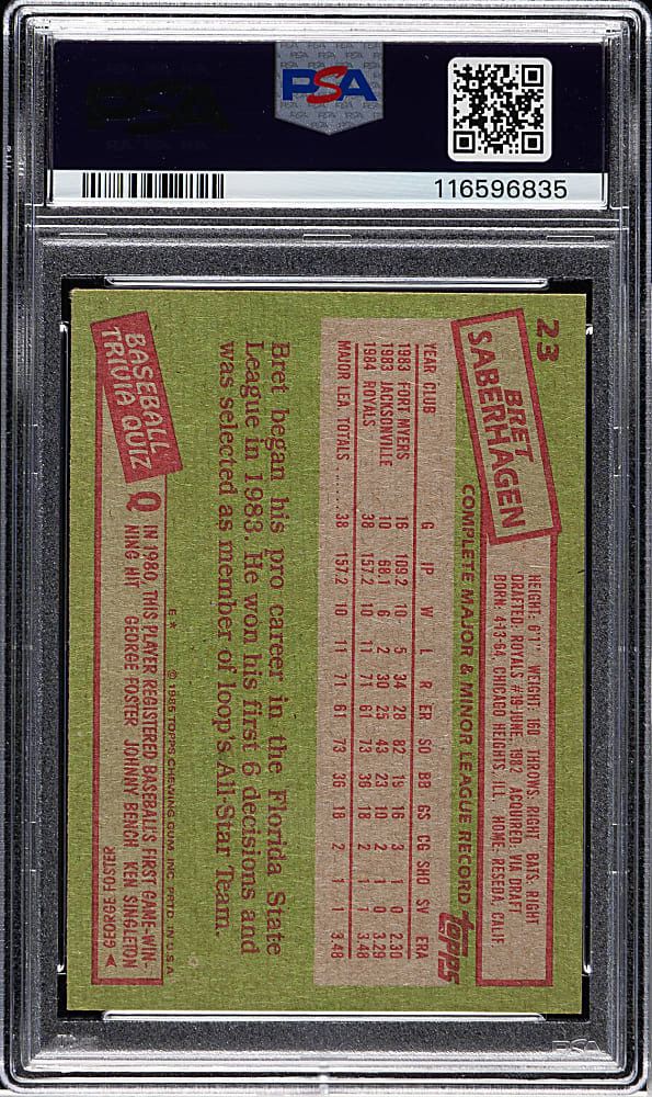 Signed 1985 Topps #23 Bret Saberhagen Rookie PSA/DNA GEM MINT 10