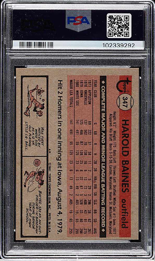 Signed 1981 Topps #347 Harold Baines Rookie PSA NM-MT 8 with GEM MINT 10 Signature