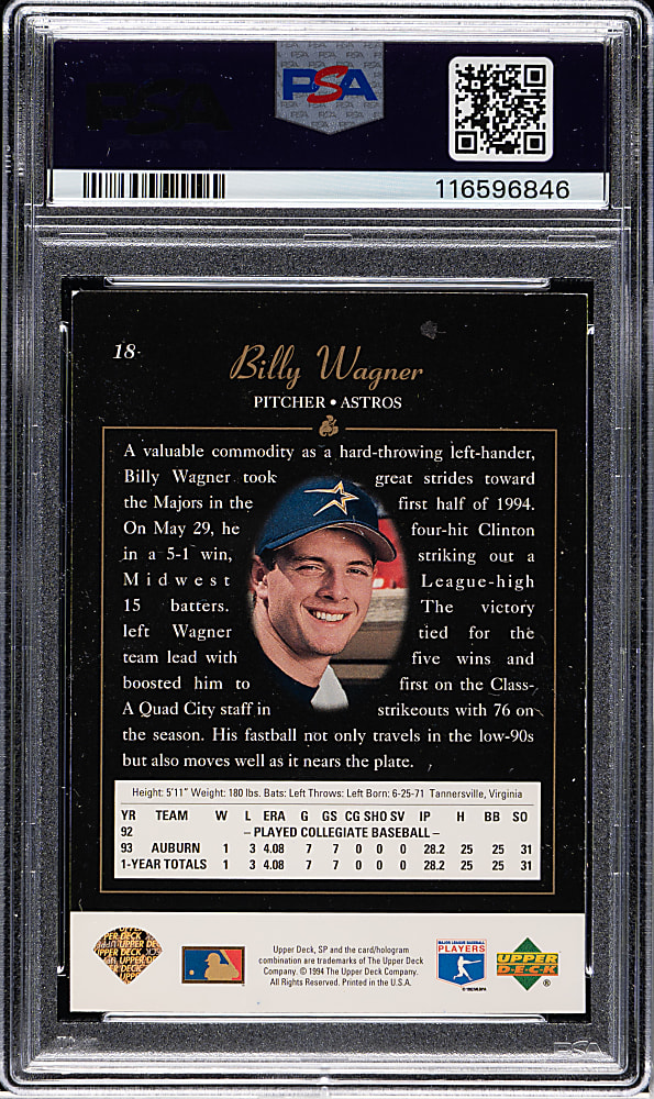 Signed 1994 Upper Deck SP Foil #18 Billy Wagner Rookie PSA/DNA GEM MINT 10