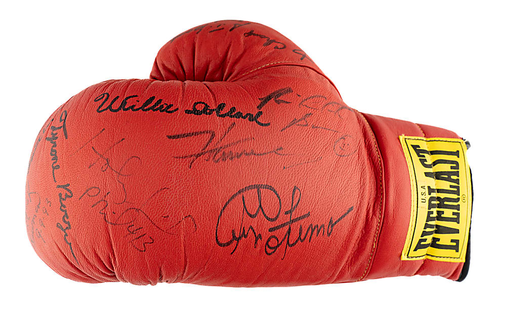 Hall of Fame and Stars Multi-Signed Boxing Glove with Evander Holyfield, George Foreman, and Rock Newman